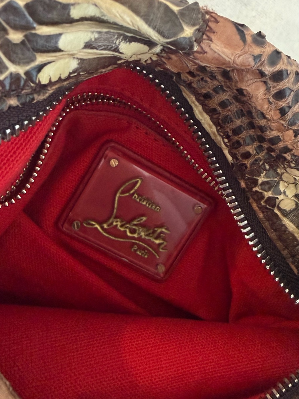 Authentic Christian Louboutin Brown & Cream Python-Pattern Chain-Handle Hobo - Picture 2 of 7
